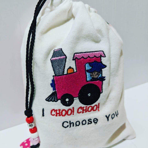 Handmade Embroidered Bag | Personalized Gift Bag | Valentine's Day Gift Bag| Choo Choo Train - Baby See See 