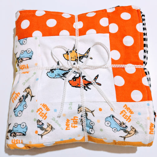 Embroidered Patchwork Flannel & Minky Baby Receiving Blanket - Dr. Seuss - New Fish - Baby See See 