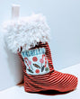 Embroidered Custom & Personalized Christmas Holiday Flannel Lined Stocking, Candy Theme fleece and white llama faux fur cuff - Baby See See 