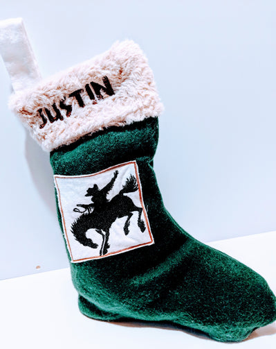 Embroidered Custom & Personalized Christmas Holiday Flannel Lined Stocking, Cowboy/Western Theme, green fleece with beige rose faux fur cuff - Baby See See 