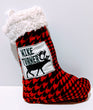 Embroidered Custom & Personalized Christmas Holiday Flannel Lined Stocking, Reindeer Theme, red houndstooth fleece w/ Sherpa minky cuff - Baby See See 