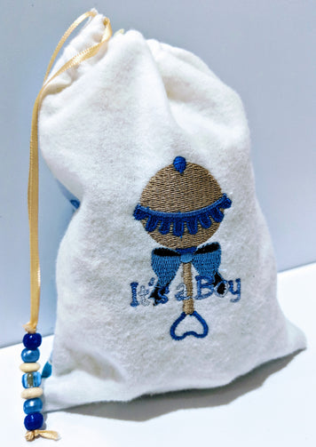Handmade Embroidered Bag | Customized Gift Bags| Baby Shower Gift Bags for Guests| Its a Boy Baby Rattle. - Baby See See 