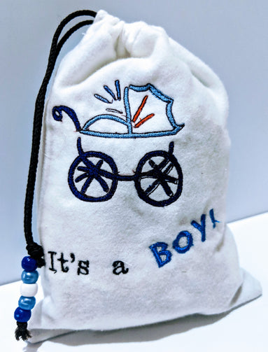 Handmade Embroidered Bag | Customized Gift Bags| Baby Shower Gift Bag for Guests| Its a Boy Baby Carriage. - Baby See See 