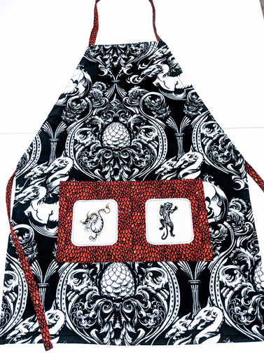 Handmade Embroidered Apron| Work Aprons with Pockets| Dragon Theme - Damask - Baby See See 